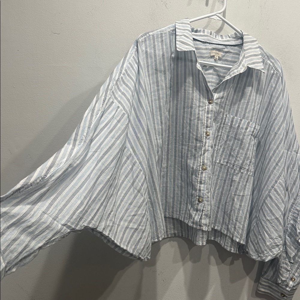 Anthropologie Pilcro batwing cropped stripe Button down blue white  XL ruffle - Picture 5 of 12